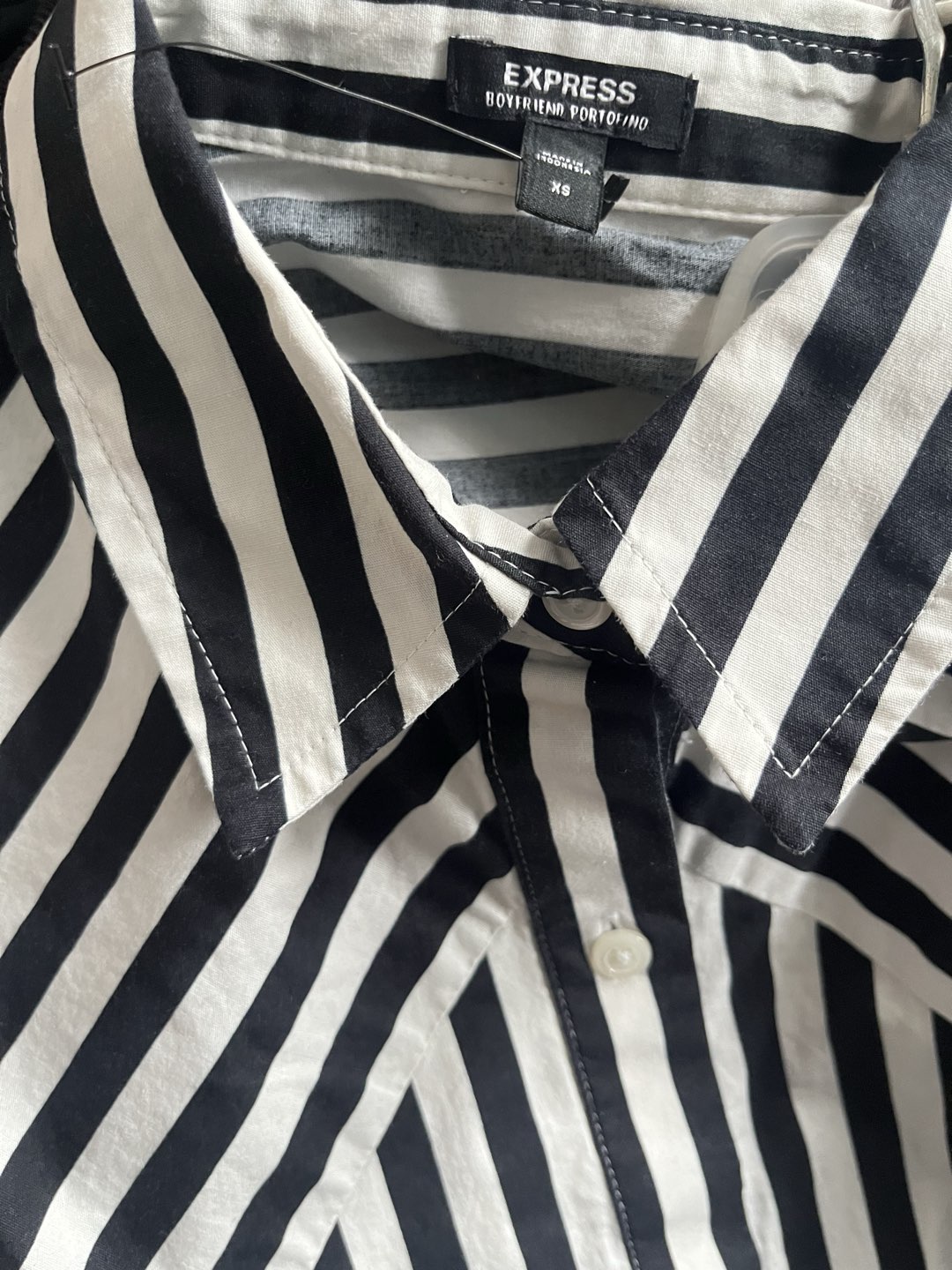 Black and white striped long sleeve oversized button up top photo 3